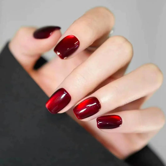 Press on Nails Short Square Acrylic Fake Nails with Apricot Design Full Cover False Nails Glossy Nude Glue on Nails Artificial Stick on Nails for Women 24Pcs (Cate Eye Red)