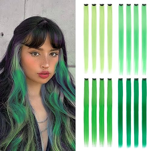 KGBFASS 16Pcs Green Colored Clip in Hair Extension Multi-colors Party Highlights Synthetic 20inch Color Hairpiece Halloween Cosplay Party Christmas New Year Gift for Women Kids Girls (Mix Green)