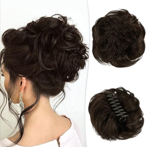 RUWISS Claw Clip Messy Bun Hair Piece Real Human Hair Buns Wavy Curly Chignon Hair Bun Extensions Hair Buns Claw Clip Tousled Updo Ponytail Hairpieces for Women（Dark brown）