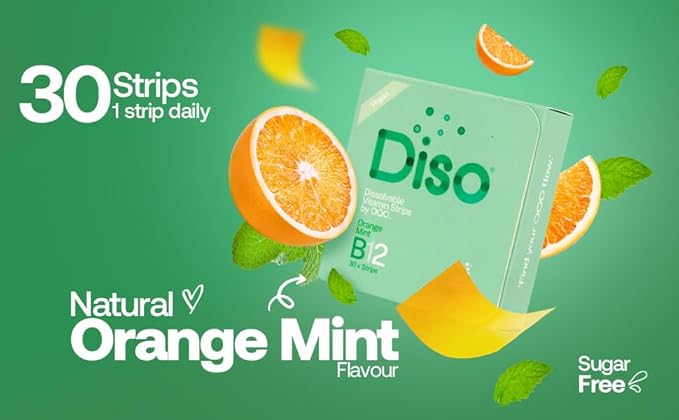 DISO - Vitamin B12 - Dissolvable Oral Strips, for Tiredness and Fatigue, Orange Mint Flavor, Vegan, Sugar Free, Maximum Absorption, Gluten Free, Individually Wrapped, 30 Count