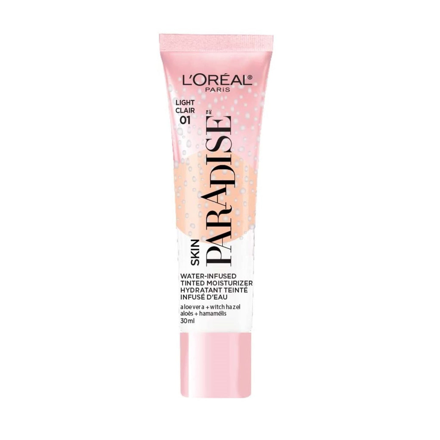 L'Oreal Paris Skin Paradise Water-infused Tinted Moisturizer with Broad Spectrum SPF 19 sunscreen lightweight, natural coverage up to 24h hydration for a fresh, glowing complexion, Light 01, 1 fl oz