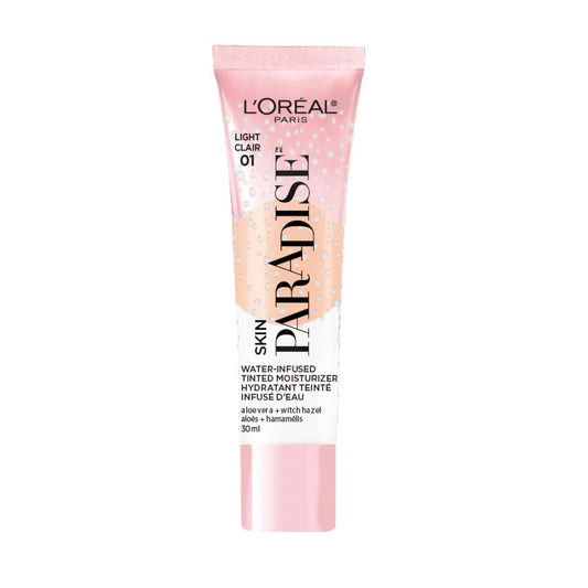 L'Oreal Paris Skin Paradise Water-infused Tinted Moisturizer with Broad Spectrum SPF 19 sunscreen lightweight, natural coverage up to 24h hydration for a fresh, glowing complexion, Light 01, 1 fl oz
