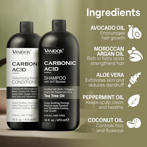Carbonic Acid Shampoo and Conditioner for Men and Women, Deep Moisturizing Conditioner, Thickens, Softens, & Smooths Set for Hair Growth and Repair, Made in USA - 16 Fl Oz Each