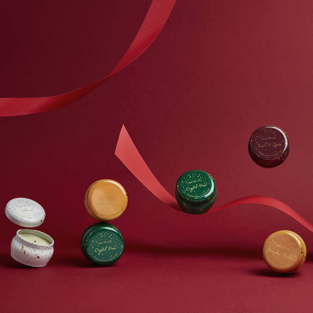 Capri Blue Glimmer Candle Holiday Gift Set - Volcano, Crystal Pine, Pumpkin Dulce, Tinsel & Spice - Luxury Aromatherapy Candles - 3 Oz Each