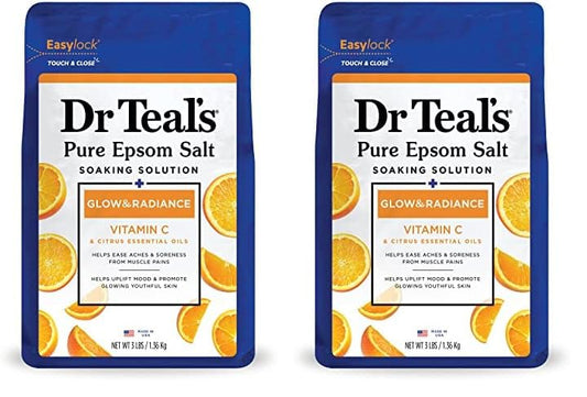 Dr Teal's Salt Soak with Pure Epsom Salt, Glow & Radiance with Vitamin C & Citrus Essential Oils, 3 lbs (Pack of 2)