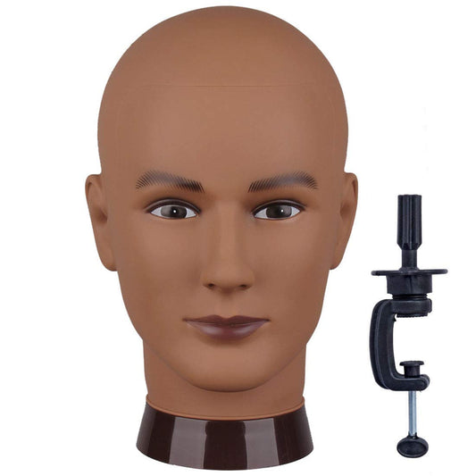 Newshair Bald Mannequin Head Male Professional Cosmetology for Wig Making and Display, Hat, Helmet, Glasses or Masks Display Head Model with Free Clamp Stand (Dark Brown)
