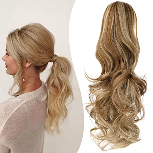 Mitrygreen Claw Clip Ponytail Extension 18" Clip in Wavy Ponytail Hair Extensions Long Pony Tails for Women Extensions Ash Blonde Mix Ginger Brown Wave Hairpiece