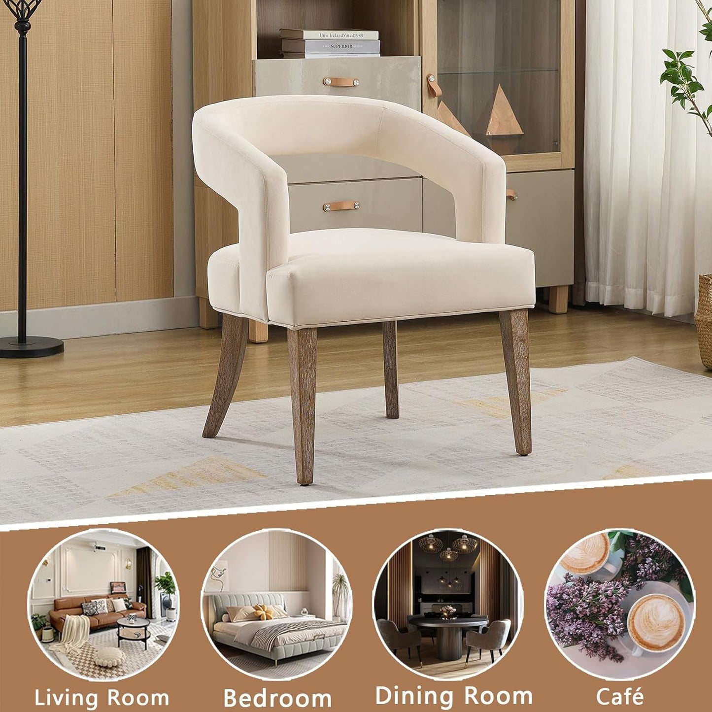 Qiushi 25.79" Wide Modern Barrel Open Back Upholstered Velvet Armchair Accent Chair with Weathered Solid Wood Legs Dining Chairs for Dining Room, Club, Kitchen, Living Room Café, Beige