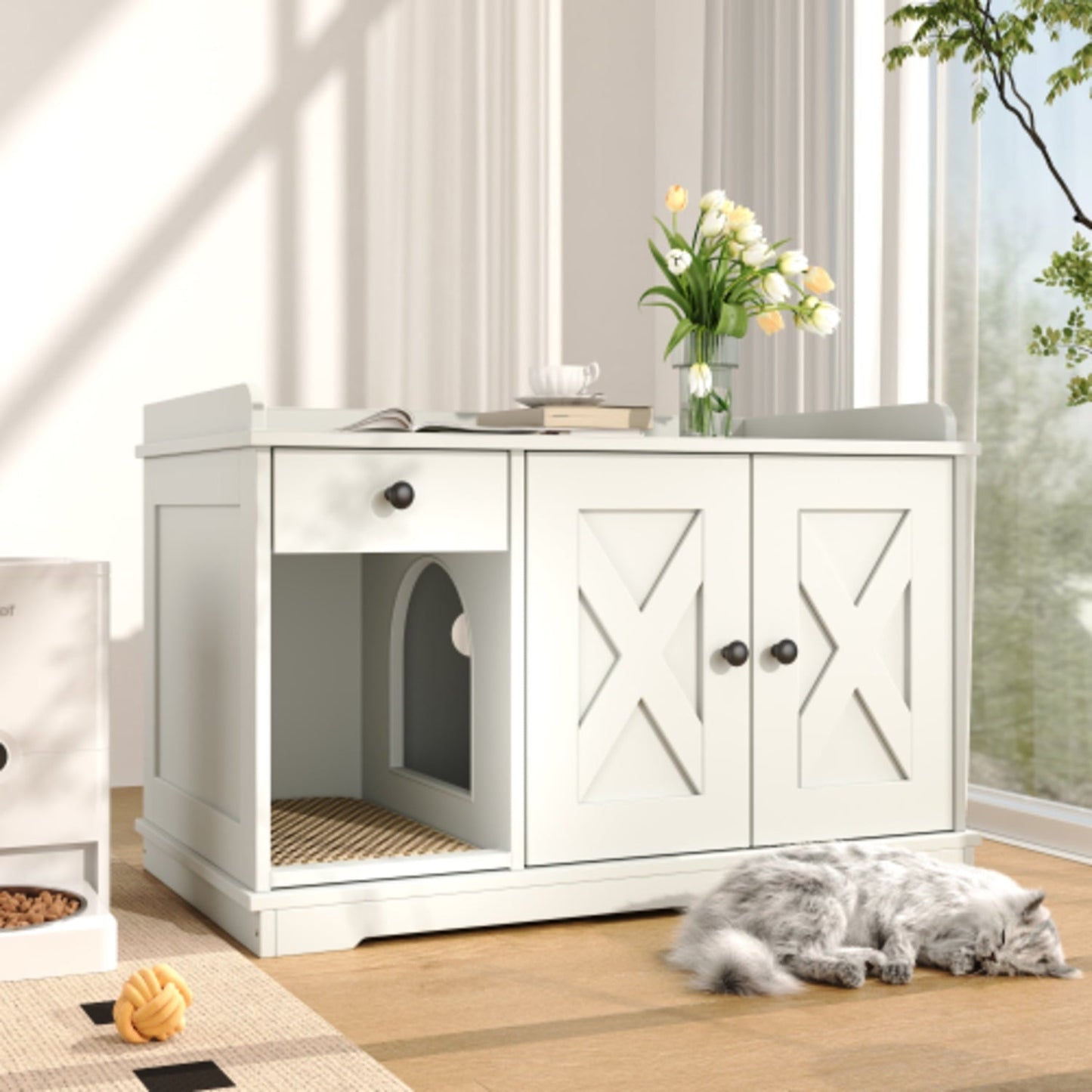 Double Hidden Litter Box Furniture Washroom Farmhouse Indoor Cat House End Table