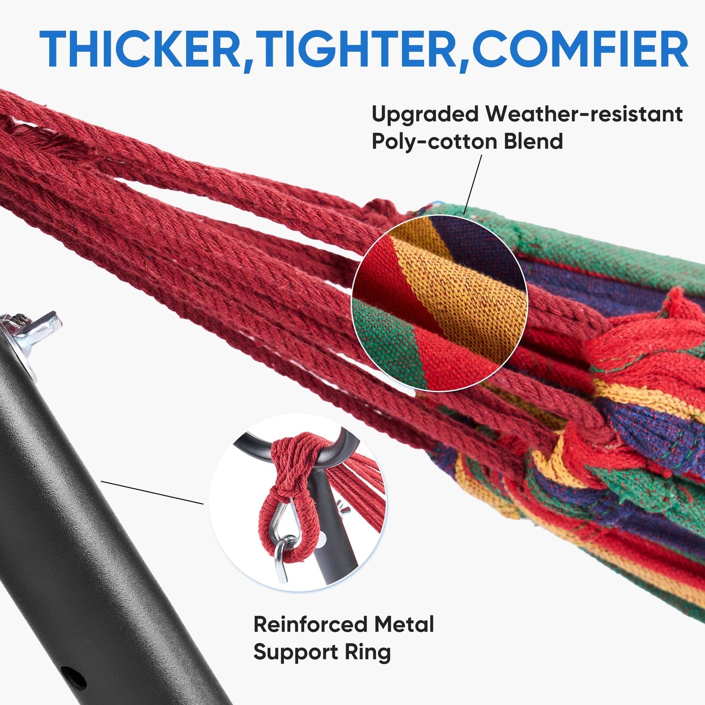 EDX Double Hammock with Space Saving Steel Stand, 2 Person Heavy Duty Outdoor 450lb Capacity Standing Hammocks, Upgraded Polyester End Strings, Portable Carrying Bag Included, Colorful Stripes