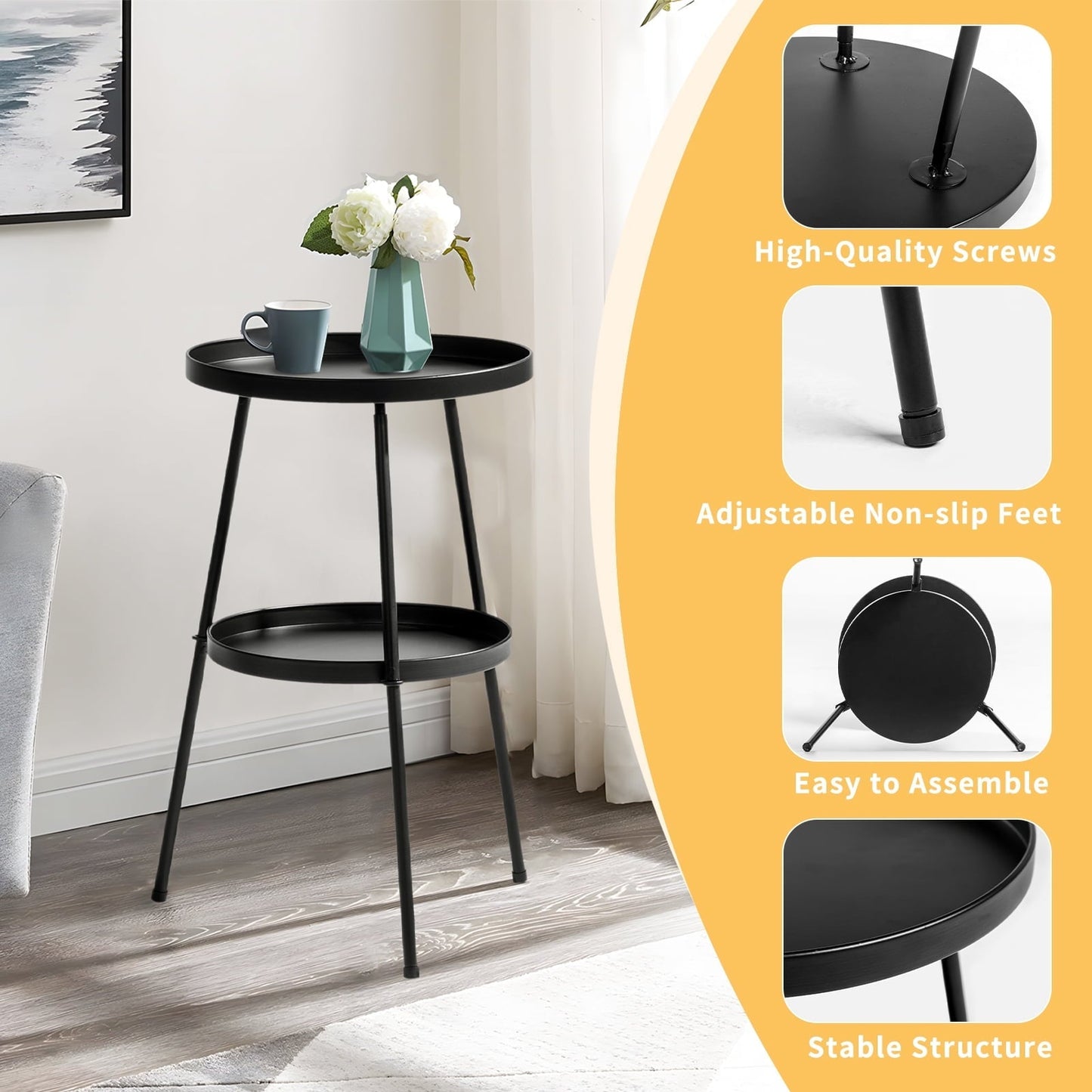 Zimtown Round Side Table 24 Inch Iron End Table for Small Spaces Easy Assembly Living Room Bedroom Black