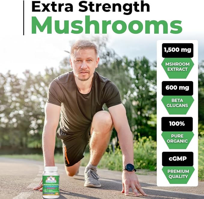 Cancer Sciences Wellness Supplement, USDA Certified Organic Mushrooms Extract, Extra Strength 1,500 mg, High Potency 40% Beta-Glucans, Wellness Formula Capsules for Immune Support, 120 Capsules