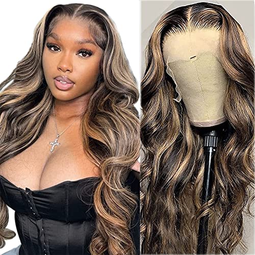 MEGALOOK Highlight Ombre 13x4 Transparent Lace Front Wigs Human Hair 200% Density Balayage Body Wave Lace Front Wigs for Black Women Human Hair 1b/27 Lace Front Wigs Pre Plucked 22 Inch