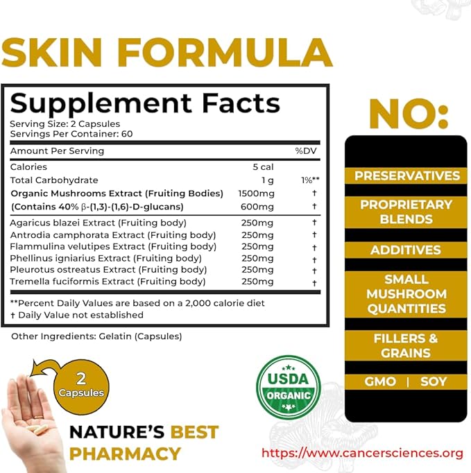 Cancer Sciences Skin Wellness Supplement, USDA Certified Organic Extract Mushrooms Supplement, Extra Strength 1,500 mg, High Potency 40% Beta-Glucans, Immune Support, Glowing Complexion, 120 Capsules