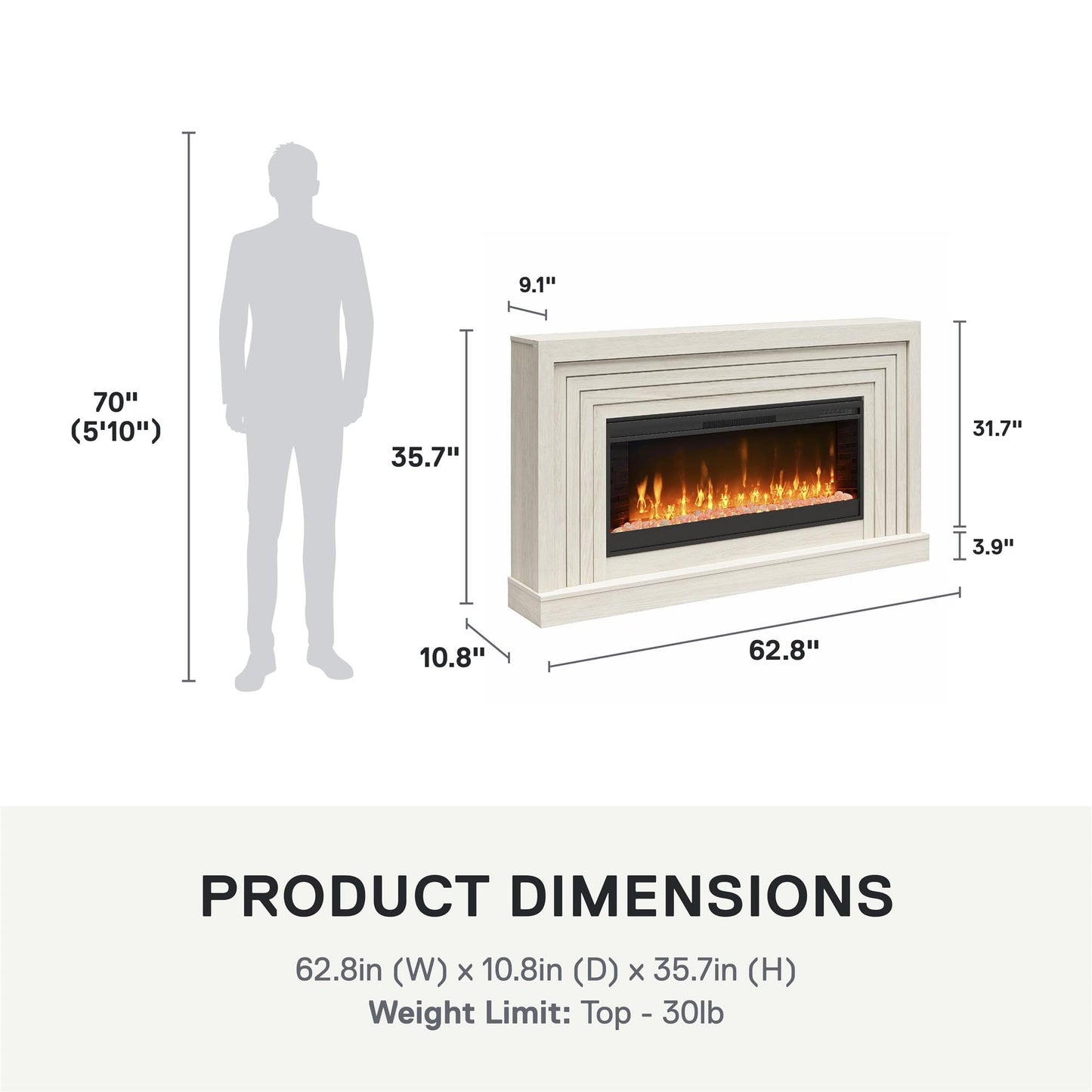 Novogratz Monroe Wide Mantel Stone and Crystal Electric Fireplace, White Oak