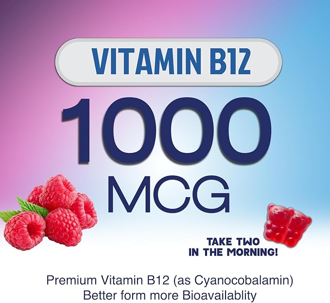 Energy Gummies Vitamin B12 1000 mcg, Green Tea Natural Caffeine Support, Extra Strength Daily Energy Vitamins, Delicious Berry Flavor Gluten Free Chewable Supplement for Cycling & Running - 60 Chews