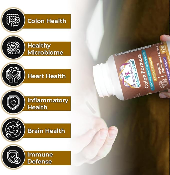 Cancer Sciences Colon Wellness Supplement, USDA Certified Organic Mushrooms Extract, Extra Strength 1,500 mg, High Potency 40% Beta-Glucans, Immune, Gut & Digestive, Colon Cleanse & Detox, 120 Caps