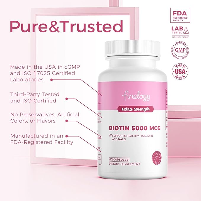 Extra Strength Biotin 5000 MCG, 60 Capsules for Hair, Skin, Nail & Bone Health, Non-GMO & Gluten-Free, High-Potency Biotin Supplement (2-Month Supply)
