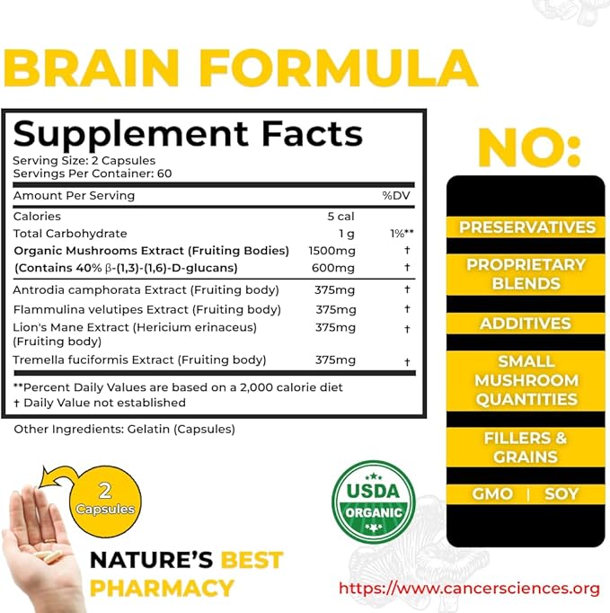 Cancer Sciences Memory Supplement for Brain, USDA Certified Organic Mushrooms Extract, Brain Health Supplements, Extra Strength 1,500 mg, High Potency 40% Beta-Glucans, Immune Support, 120 Capsules