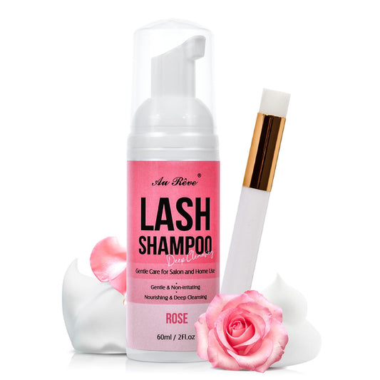 Lash Shampoo for Lash Extensions 60 Ml/2fl.oz Eyelash Extension Cleanser Oil Free Lash Cleanser for Eyelash Care, Gentle Foaming Eyelash Shampoo with Brush for Salon Home Care (Rose 60ml)