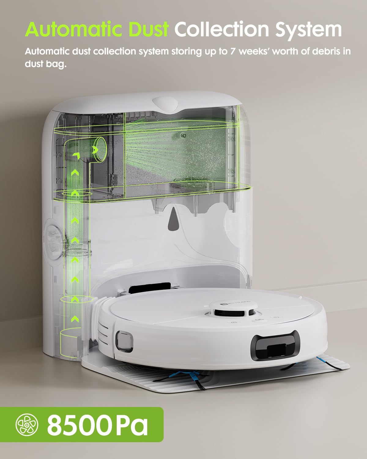 EXTRAVIS V5 Robot Vacuum and Mop, Self-Emptying Robotic Vacuum Cleaner, 8500Pa Suction, Pet Hair Tangle Cutter, Laser Navigation, Cat Laser, Carpet Detection, Ideal for Hard Floor, Tile, and Carpet