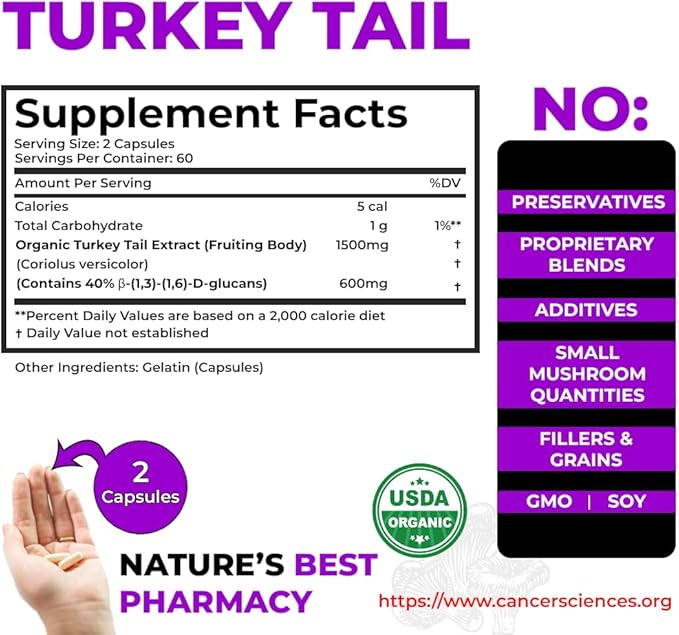 CANCER SCIENCES Turkey Tail Wellness Mushrooms Supplement, USDA Certified Organic Extract, Extra Strength 1,500 mg, High Potency 40% Beta-Glucans, Gut & Immune Support, Natural Digestive, 120 Capsules