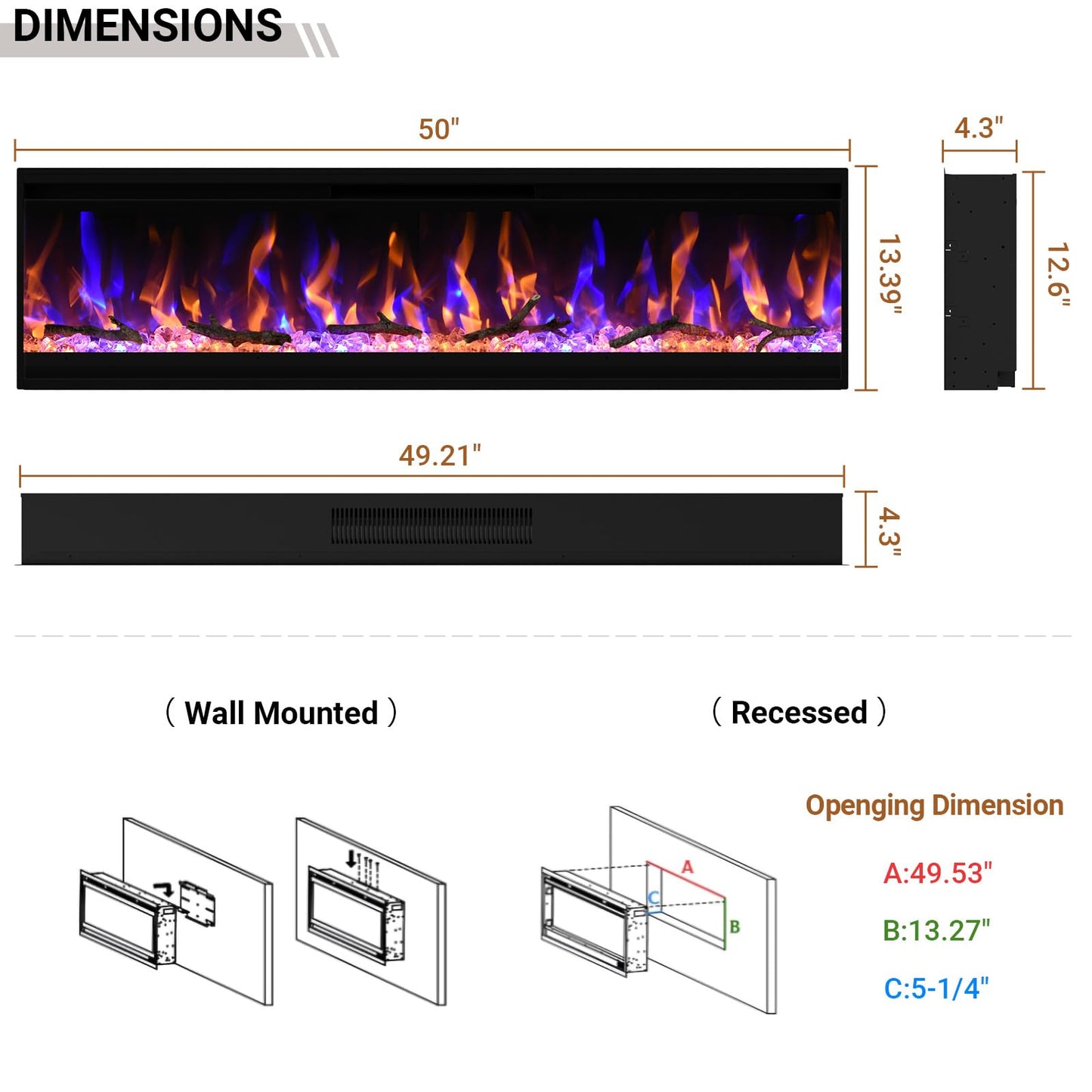 Feelcoo 50 inch Electric Fireplace, 4.3" Ultra-Thin Electric Fireplace Inserts, Ultra-Narrow Frame, Wall Mounted and Recessed Fireplace, Log & Crystal, Touch Screen & Remote Control, 1500W