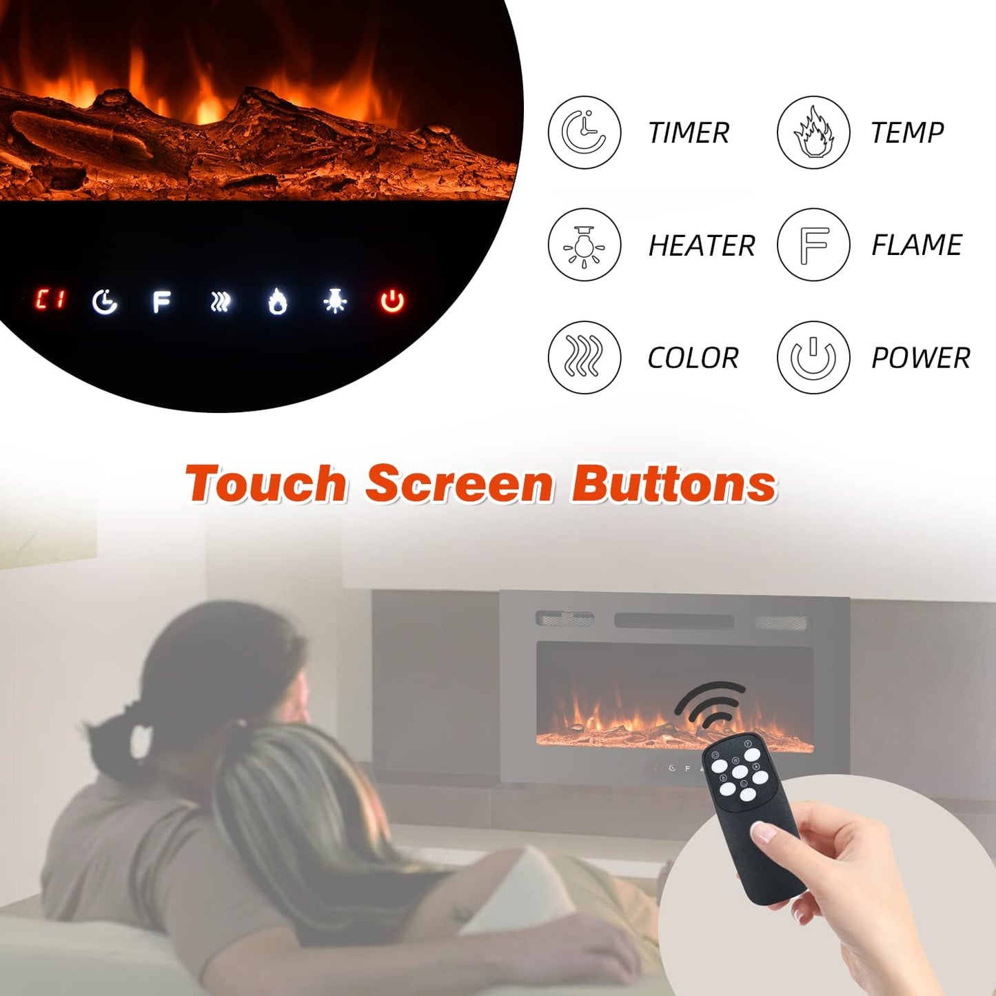 EROMMY 40 in Electric Fireplace Insert, Recessed and Wall Mounted Fireplace with Timer, Remote Control, Touch Screen, Overheating Protection, Log&Crystal, 12 Adjustable Flame,750/1500W