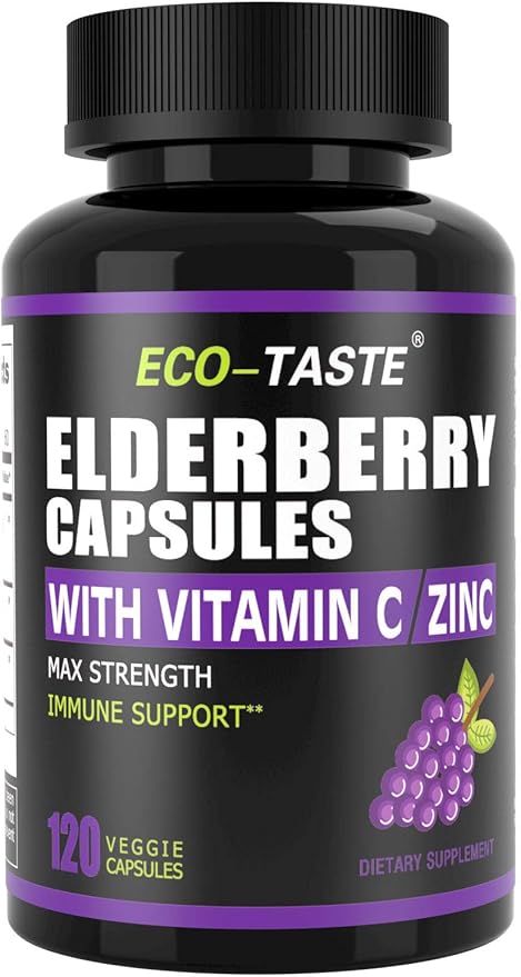 ECO-TASTE Elderberry Capsules with Zinc & Vitamin C - 120 Capsules, Sambucus Elderberries for Immune Support, Skin Health - Veggie Caps