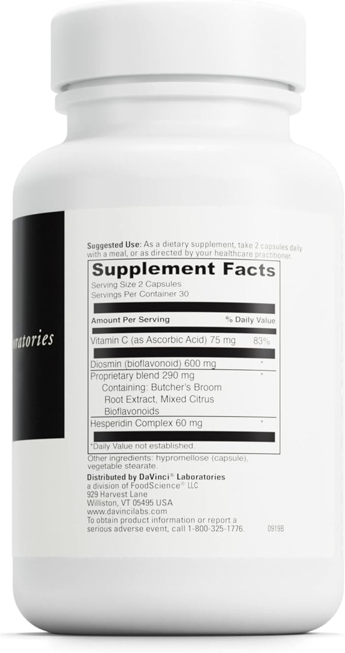 DAVINCI Labs Healthy Veins - Dietary Supplement to Support Vascular Health and Proper Structure of Leg Veins* - with Vitamin C, Diosmin, and More - Gluten-Free - 60 Vegetable Capsules
