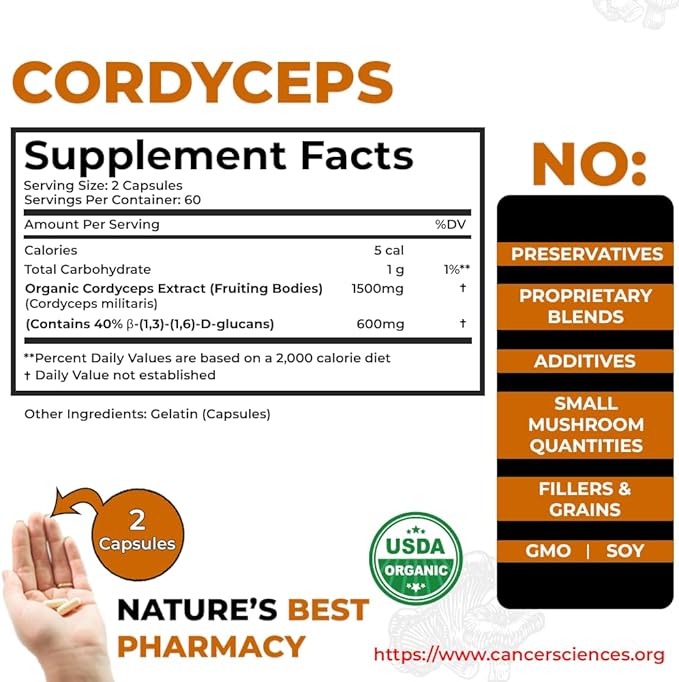 Cancer Sciences Cordyceps Wellness Mushrooms Supplement, USDA Certified Organic Extract, Extra Strength 1,500 mg, High Potency 40% Beta-Glucans, Energy & Stamina Booster, Immune Support, 120 Capsules