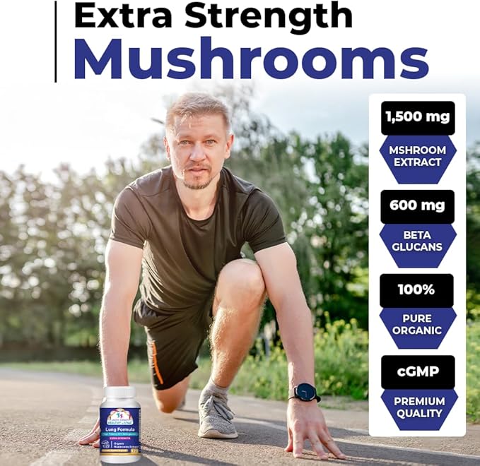 CANCER SCIENCES Lung Health & Wellness Supplement, USDA Certified Organic Mushrooms Extract, 1,500 mg Extra Strength, High Potency 40% Beta-Glucans, Immune Support, Healthy Lungs Booster, 120 Capsules