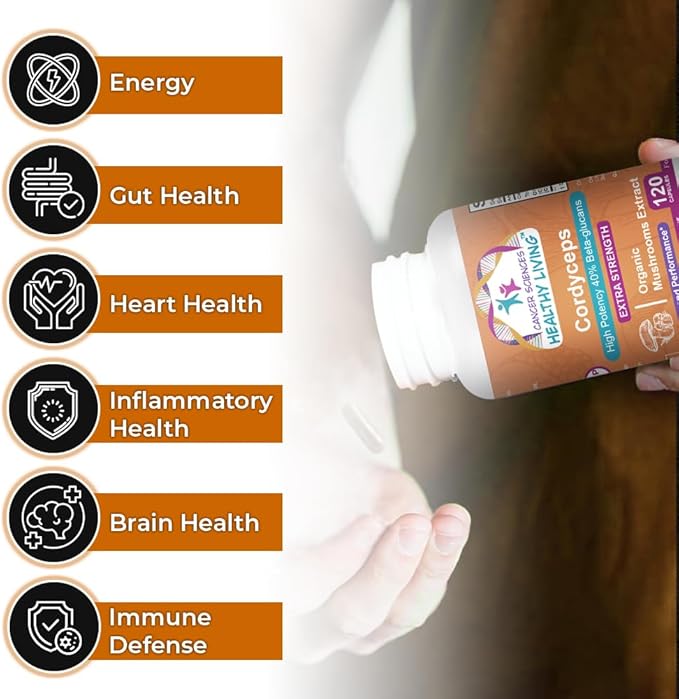 Cancer Sciences Cordyceps Wellness Mushrooms Supplement, USDA Certified Organic Extract, Extra Strength 1,500 mg, High Potency 40% Beta-Glucans, Energy & Stamina Booster, Immune Support, 120 Capsules