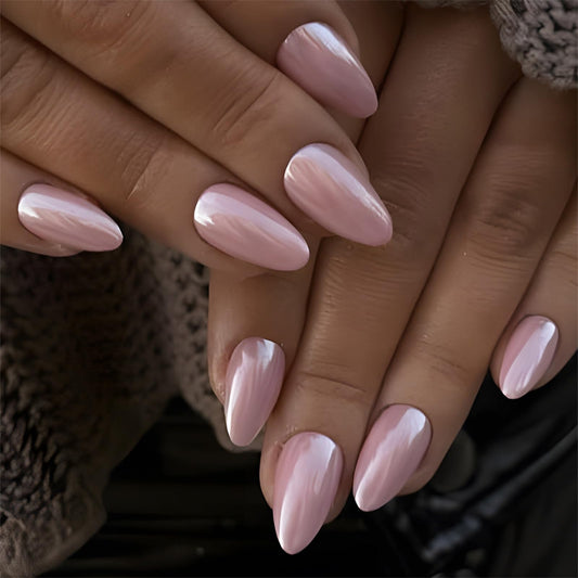 Pink Press on Nails Almond Medium Fake Nails with Design Shiny False Nails Press ons Glossy Full Cover Acrylic Glue on Nails Cute Artificial Stick on Nails for Women Manicure 24Pcs