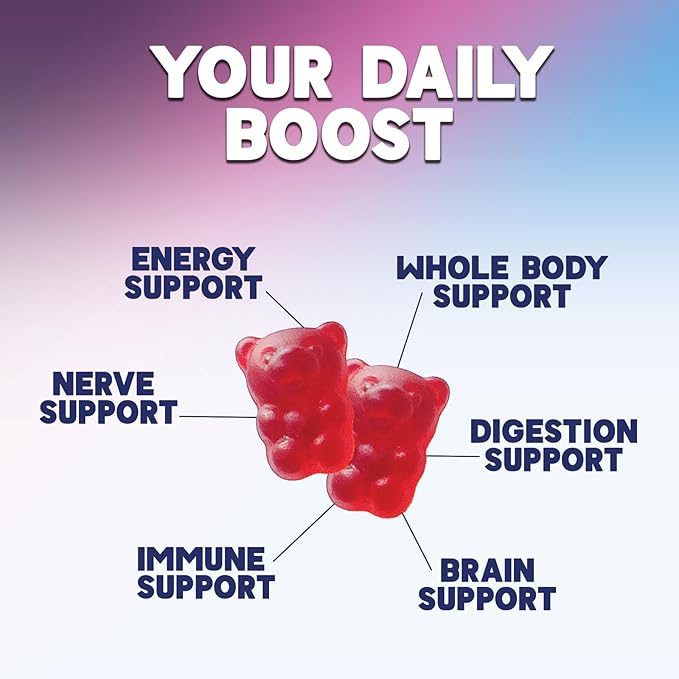 Energy Gummies Vitamin B12 1000 mcg, Green Tea Natural Caffeine Support, Extra Strength Daily Energy Vitamins, Delicious Berry Flavor Gluten Free Chewable Supplement for Cycling & Running - 60 Chews