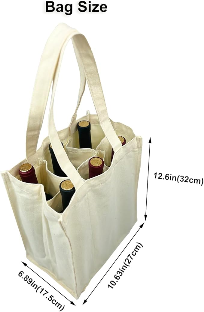 Canvas Wine Tote for 6 Bottles, Cotton Wine Bag with 6 Divider Reusable Wine Bottle Carrier Bag Holder for Travel Camping Picnic Wine Lover Gift