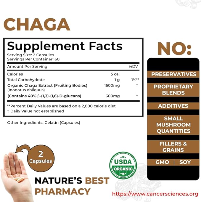 Cancer Sciences Chaga Wellness Mushrooms Supplement, USDA Certified Organic Mushroom Extract, Extra Strength 1,500 mg, High Potency 40% Beta-Glucans, Immune Support, Gut Health, Antioxidant, 120 Caps