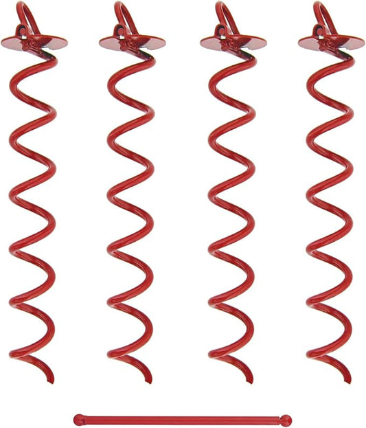 7Penn Ground Anchors Screw in 4 Pack - 16 Inch Red Spiral Dog Leash Ground Anchor Tie Down - Heavy Duty RV Canopy Stakes for High Wind Camping Tents with 475 lbs Pull Force