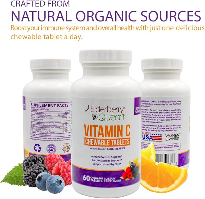 Elderberry Queen Chewable Vitamin C 500mg - Immune Boost & Antioxidant Support Tablets with Vitamin A, E & Organic Echinacea, Elder Fruit, Acerola - Natural Dietary Supplement, 60 Count