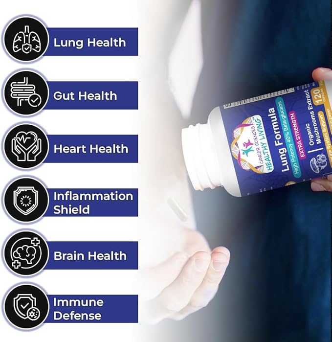 CANCER SCIENCES Lung Health & Wellness Supplement, USDA Certified Organic Mushrooms Extract, 1,500 mg Extra Strength, High Potency 40% Beta-Glucans, Immune Support, Healthy Lungs Booster, 120 Capsules