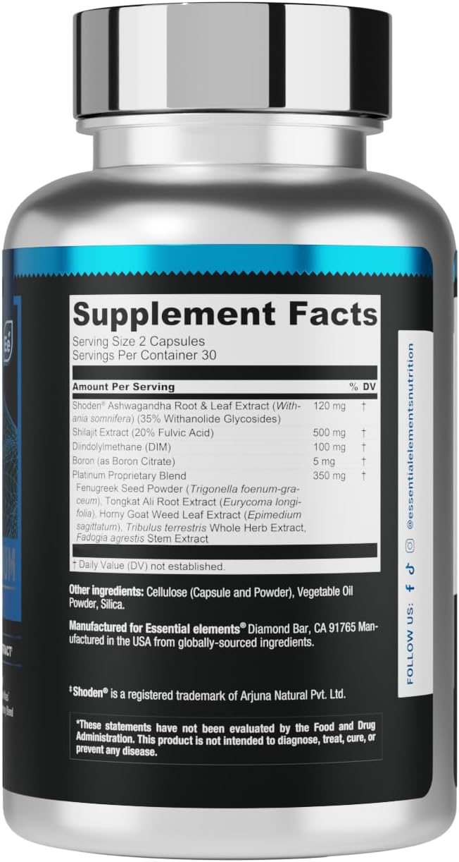 Essential Elements T-Hero Platinum Male Health Supplement for Mens Health - Muscle Growth Support & T-Health with Shoden Ashwagandha, Shilajit, DIM & More - Gym Supplements for Men - 60 Caps
