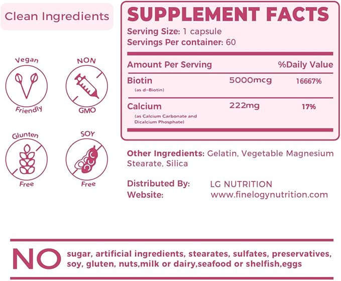 Extra Strength Biotin 5000 MCG, 60 Capsules for Hair, Skin, Nail & Bone Health, Non-GMO & Gluten-Free, High-Potency Biotin Supplement (2-Month Supply)