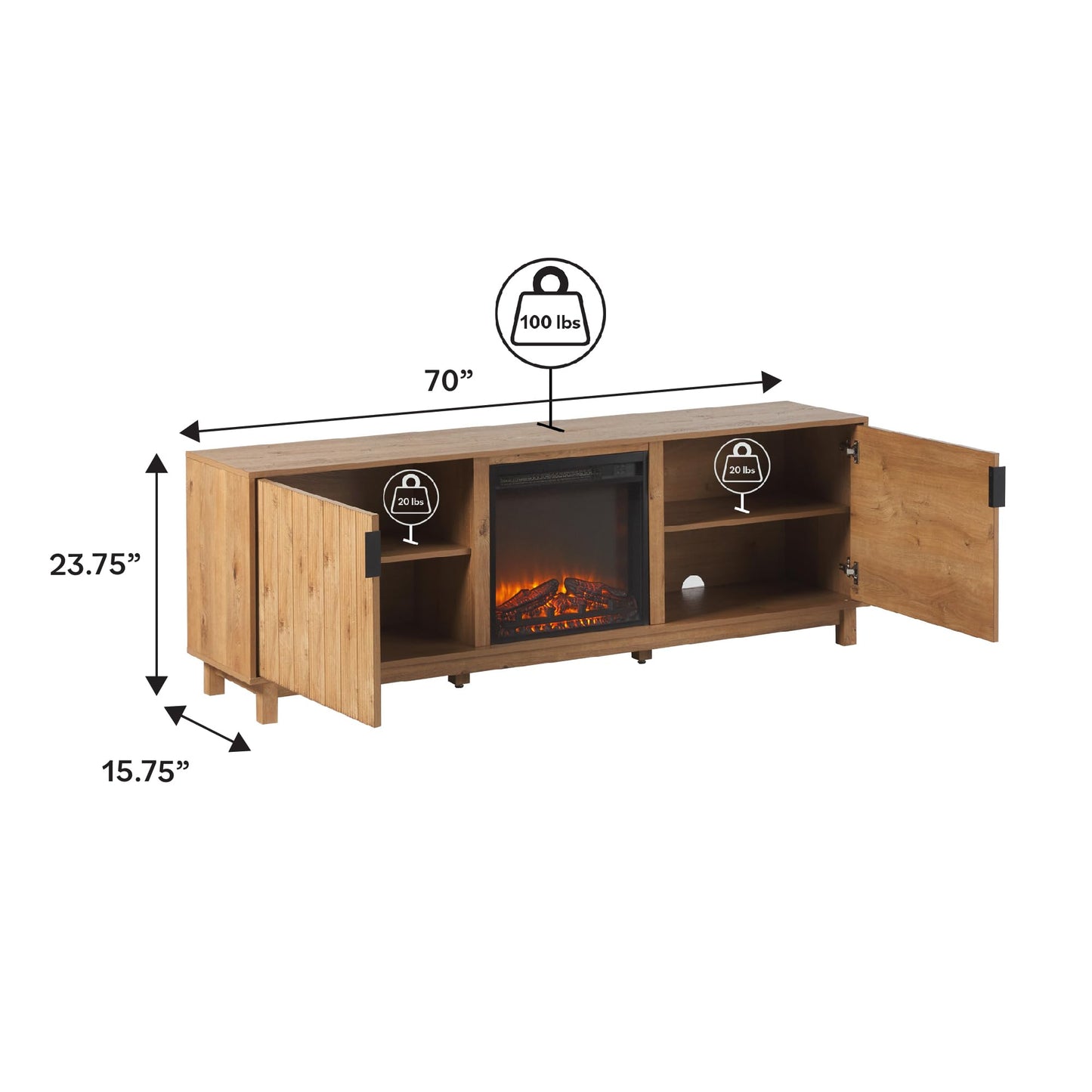 Walker Edison Arundo Reeded TV Stand with Fireplace & Storage, 70" Fireplace, English Oak