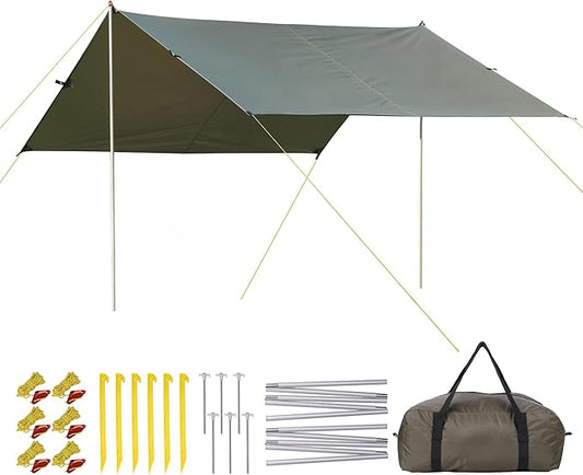 Camping Tarp, 10X9FT Hammock Tent - Waterproof and Anti-UV Protection, Portable and Lightweight, Including Tent Stakes and Carry Bag