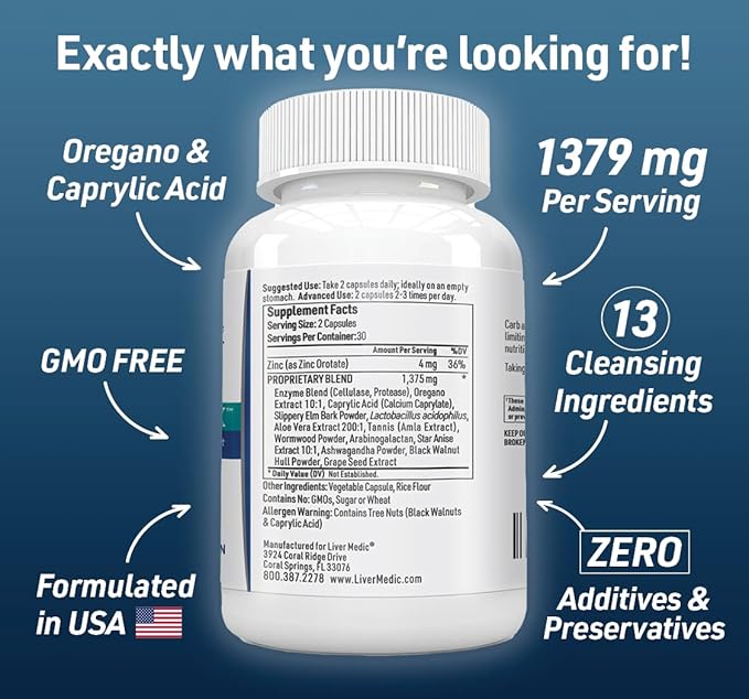 Candida Complex Oregano Oil, Digestive Enzymes, Candida Cleanse, Non-GMO Probiotic Supplement with Organic Herbs, Caprylic Acid, Grape Seed Extract, 120 Vegetarian Capsules