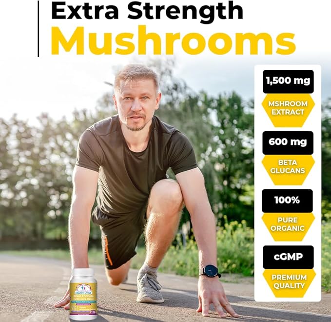 Cancer Sciences Memory Supplement for Brain, USDA Certified Organic Mushrooms Extract, Brain Health Supplements, Extra Strength 1,500 mg, High Potency 40% Beta-Glucans, Immune Support, 120 Capsules