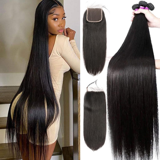 12A Straight Bundles With Closure Human Hair(16 18 20+14) Brazilian Human Hair Bundles With Closure 100% Unprocessed Virgin Quic