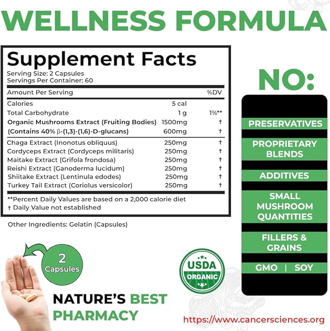 Cancer Sciences Wellness Supplement, USDA Certified Organic Mushrooms Extract, Extra Strength 1,500 mg, High Potency 40% Beta-Glucans, Wellness Formula Capsules for Immune Support, 120 Capsules
