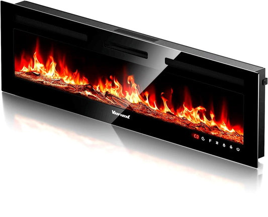 VISVEIL Electric Fireplace 60Inch,Wall Mounted Electric Fireplace Heater with Timer Inserts，TV Stand Touch Screen and Realistic Flame,Log Set,Crystal Flames 750 to 1500W，Remote for Living Room