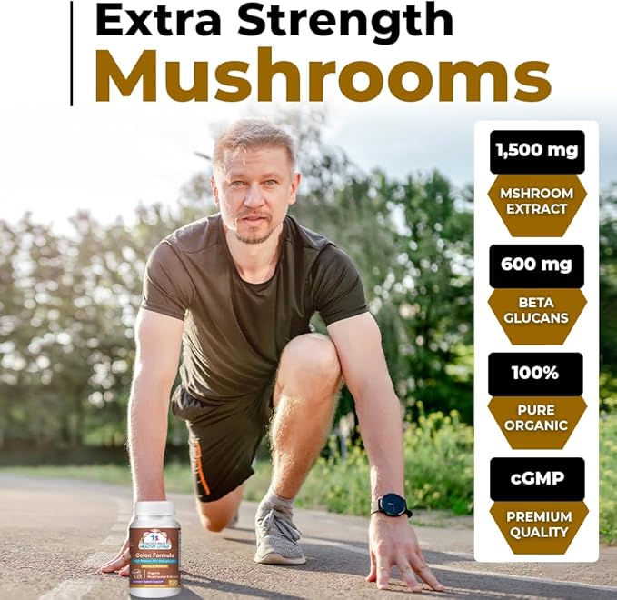 Cancer Sciences Colon Wellness Supplement, USDA Certified Organic Mushrooms Extract, Extra Strength 1,500 mg, High Potency 40% Beta-Glucans, Immune, Gut & Digestive, Colon Cleanse & Detox, 120 Caps